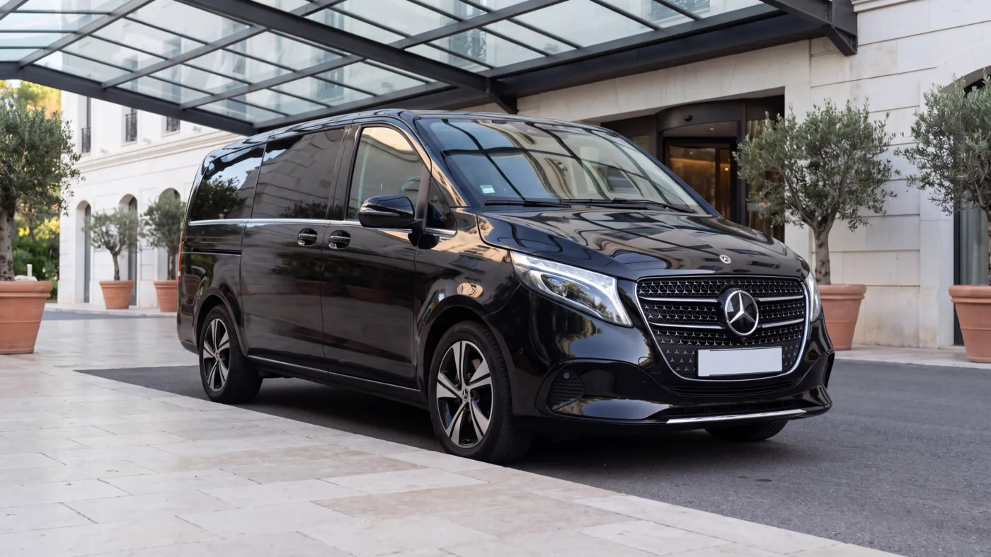 Black Mercedes people carrier, exterior view