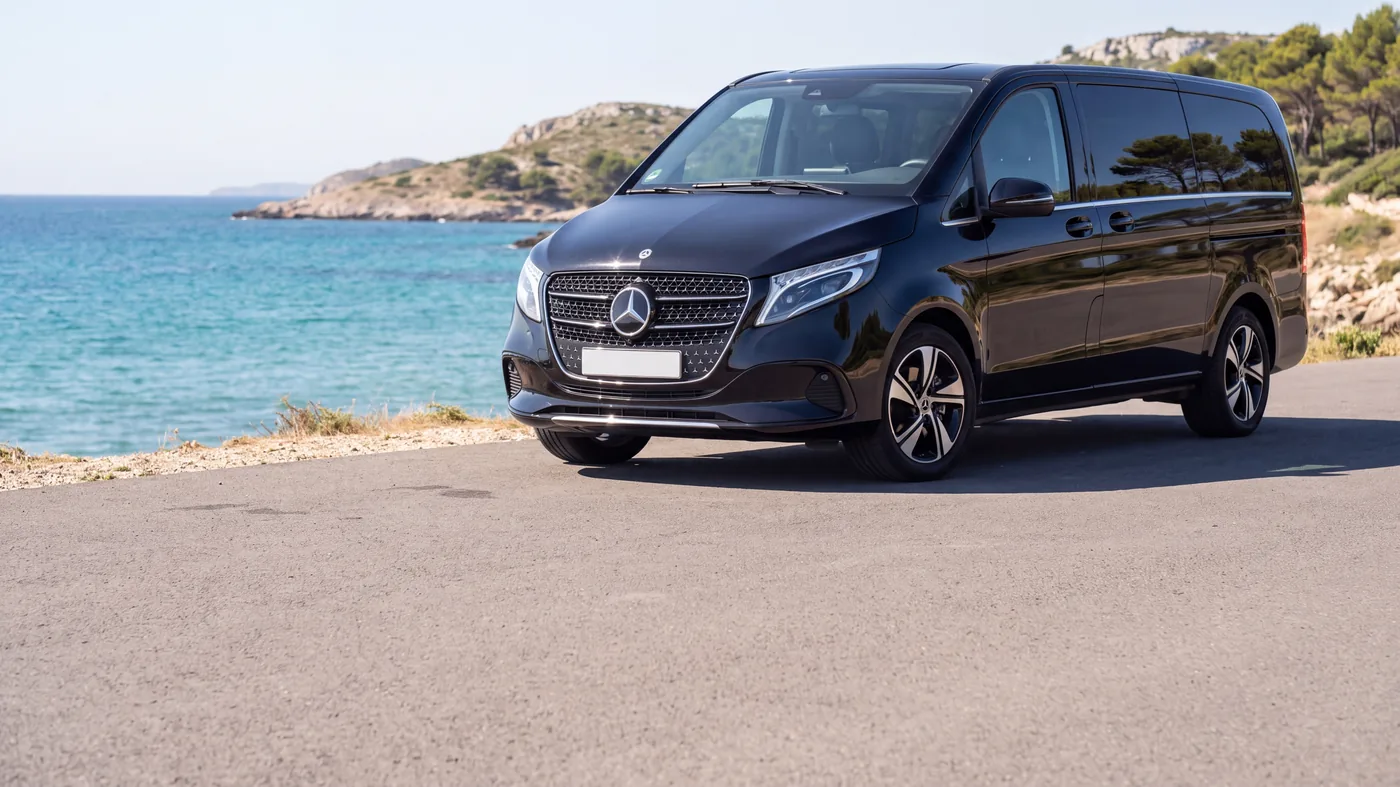 Black Mercedes people carrier, exterior view